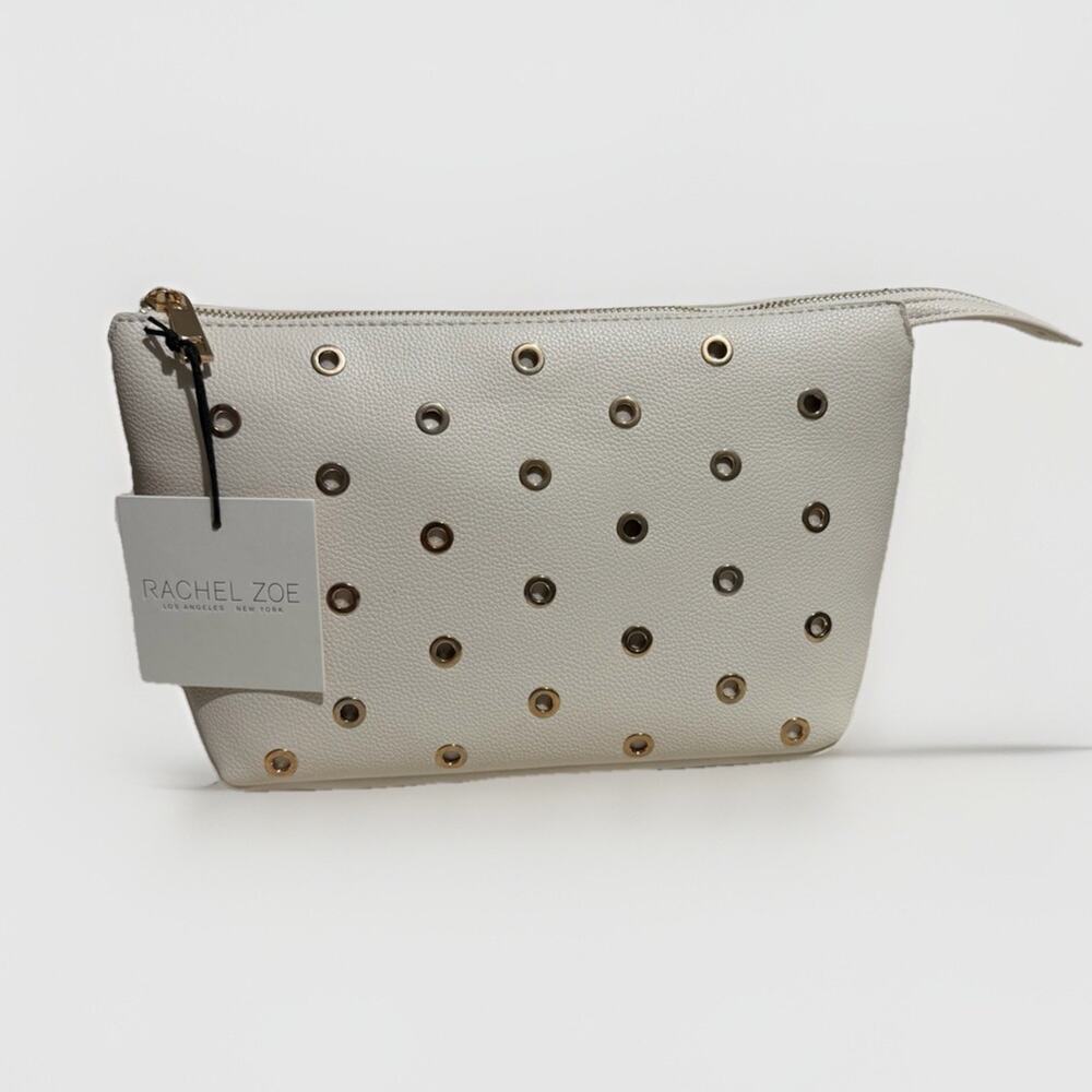 Rachel Zoe Cream Cosmetic Pouch With Gold Gommets Makeup Bag